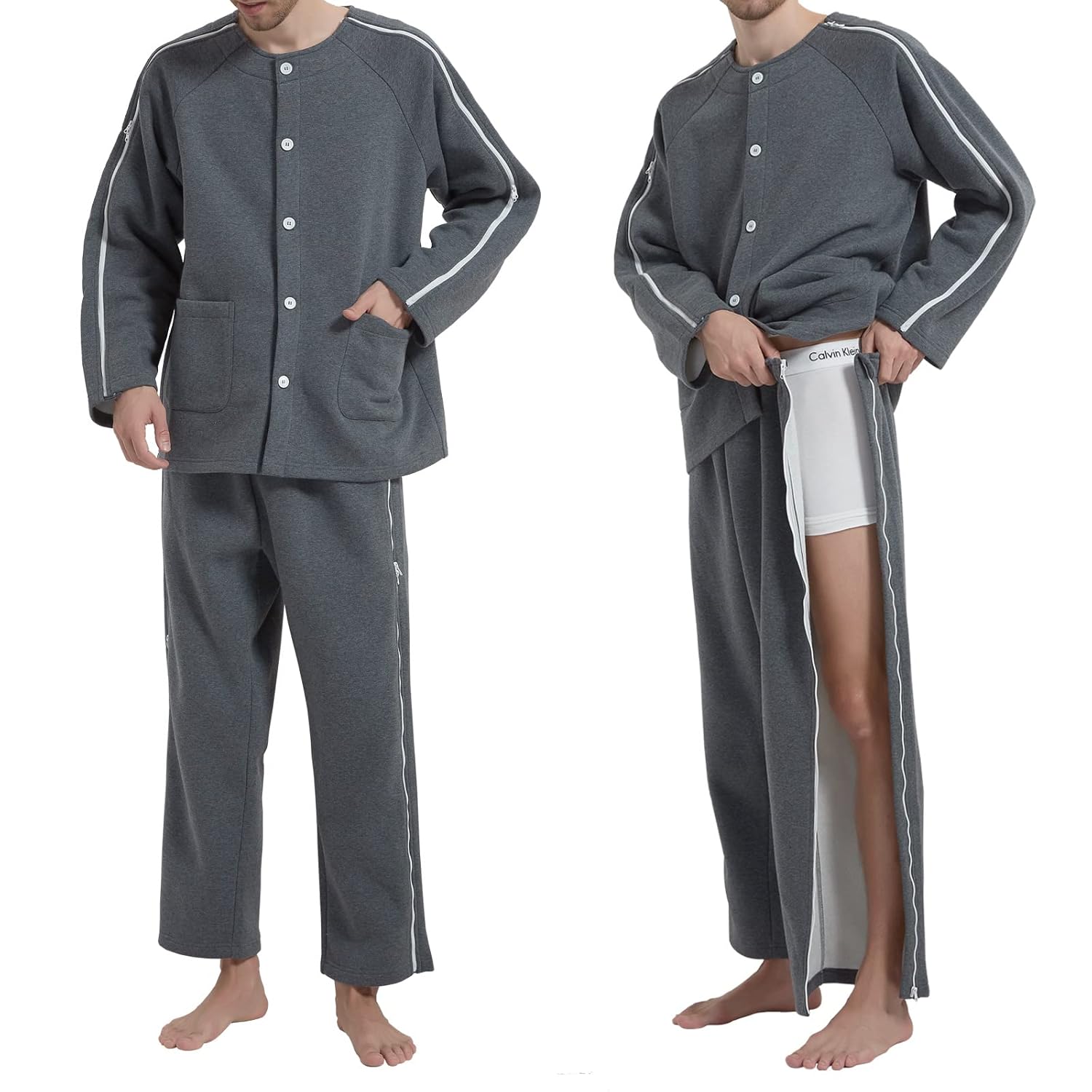 Patient Clothing, Fleece Lining Double Slider Zipper Cotton Disability Clothing for Post Surgery Elderly Fracture Hospital Gowns for Men